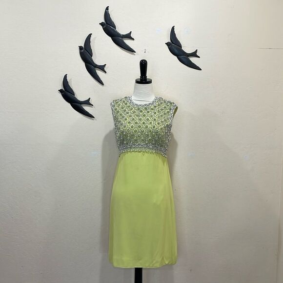 Vintage Dresses & Skirts - Vintage 1960's British Crown Colony Chartreuse Green Beaded Sheath Dress - 12